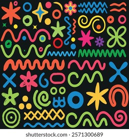 Charcoal colorful doodle graffiti punk and girly shapes collection. Geometric style in multi colored.Vector illustration, Colorful geometric elements.