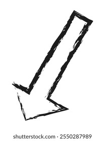 Seta grossa do contorno de carvão para a esquerda e para baixo. Seta desenhada à mão.
