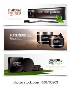 Charcoal cosmetic horizontal banners collection with compositions of charcoal-based beauty products decorative images with text vector illustration