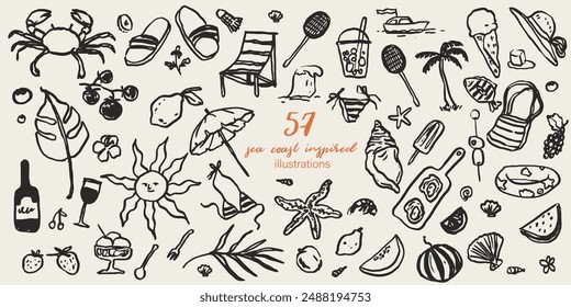 Charcoal crayon chalk style vector illustrations set. Creative summer print, label, cover. Ink hand drawn design elements. Seaside collection for invitation to beach party, dinner or breakfast menu.