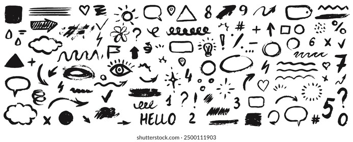 Charcoal or crayon doodle punk abstract shapes collection. Hand drawn children scribbles and squiggles, creative various shapes, pencil drawn icons. Scribbles, scrawls, stars, eye, curly lines.