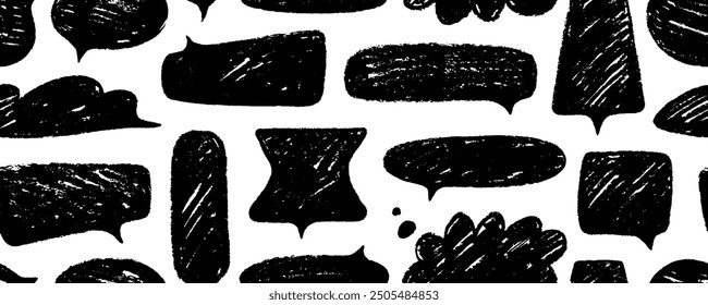 Charcoal or crayon drawn speech bubbles seamless pattern. Grunge punk style comic talk balloons background. Hand drawn doodle talk balloons with charcoal texture. Comic style vector wallpaper.
