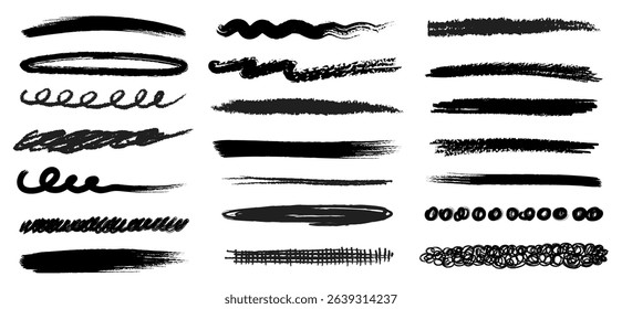 Charcoal and crayon pencil stroke vector collection. Horizontal hand-drawn lines, thin and bold textures. Grunge scribbles, chalk brush marks, pastel smears, pencil dividers. Rough textured underlines