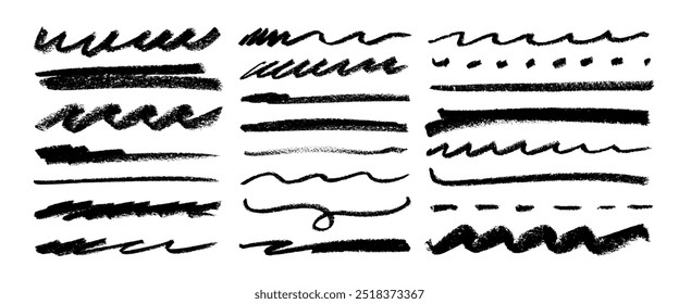 Charcoal or crayon rough underlines, rough straight lines, waves and squiggles. Hand drawn doodle vector graphic elements. Pencil drawn strips and rough highlighters. Horizontal emphasis strokes.