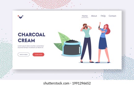 Charcoal Cream Landing Page Template. Women Applying Natural Mineral Mud Mask. Tiny Female Characters at Huge Cosmetic Jar Apply Moisturizing Spa Baths Hygiene Procedure. Cartoon Vector Illustration