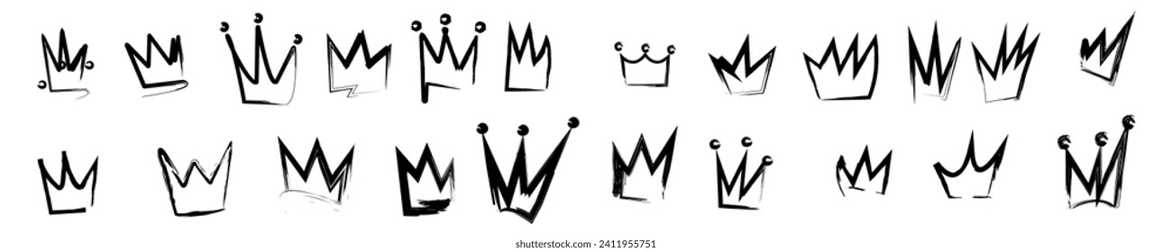 Charcoal Crown icon set in brush stroke texture paint style. Royal Hand drawn doodle. Vector Illustration.