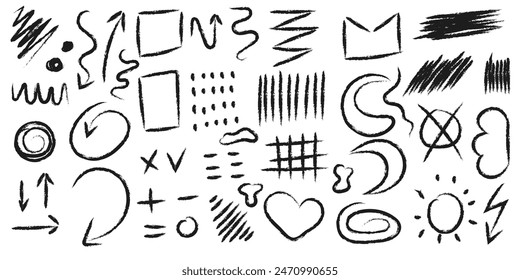 Charcoal curly lines, squiggles and shapes. scribbles collection. Hand drawn vector lines , doodles.