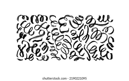 Charcoal curved lines and wavy brushstrokes isolated on white background. Charcoal pencil scribble vector set. Pencil stroke lines, dry smears, squiggles. Hand drawn vector sketch drawing