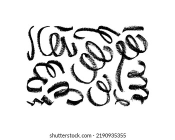 Charcoal curved lines and wavy brushstrokes isolated on white background. Charcoal pencil scribble vector set. Pencil stroke lines, dry smears, squiggles. Hand drawn vector sketch drawing