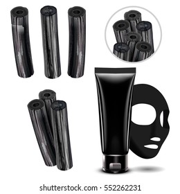 Charcoal detoxifying mask contained in tube with elements. 3d illustration.