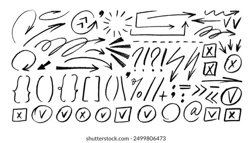 Charcoal doodle arrows, brackets, check marks and other emphasizes elements for hand drawn notes and presentations. Vector crayon doodle icons collection. Marker and crayon drawn graphic elements.