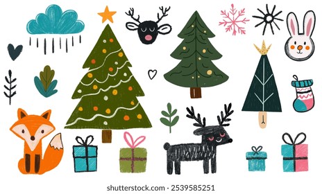 Сolorful charcoal doodle сharming Christmas and winter illustrations featuring trees, animals, gifts, and festive icons