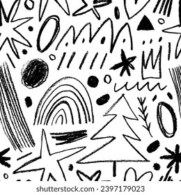 Charcoal doodle seamless pattern with hand drawn Christmas decoration. Hand drawn pencil lines, squiggles, stars and fir trees. Marker scribbles, curved lines and confetti, freehand drawing.