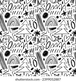 Charcoal doodle seamless pattern with hand drawn Christmas decoration. Hand drawn pencil lines, squiggles, stars and fir trees. Marker scribbles, curved lines and confetti, freehand drawing.