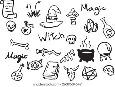 Charcoal doodle set, witch magic theme, various mystical items, black-white sketches, playful design. Elements include cauldrons, skulls, and spell books. Art captures a whimsical occult vibe.