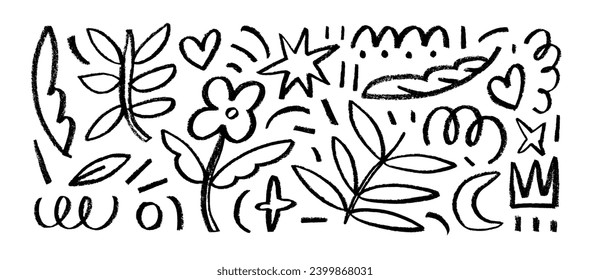 Charcoal doodle shapes and hand drawn elements collection. Pencil drawn flowers, crowns, stars and speckles isolated on white. Rough crayon strokes and doodle childish shapes. Festive collages design.