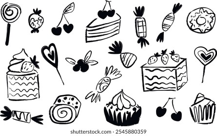 charcoal drawing. sweets, candies, pies, cakes illustrations. holiday set. celebration.