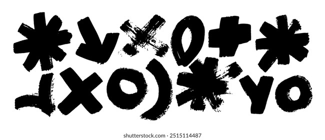 Charcoal drawn circles and curved lines. Geometric elements isolated on white background. Thick geometric brush strokes. Wavy and curly line, round shapes, vector shapes. Bold stripes, abstract forms