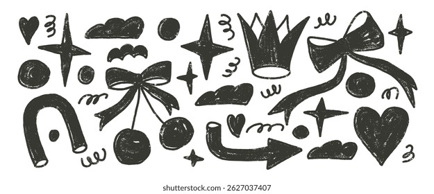 Charcoal drawn silhouette shapes set. Naive girly black doodle figures on white background. Gritty crown, cherry, bow and geometric forms linocut elements. Vector illustration by pencil.