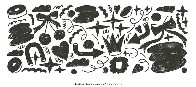 Charcoal drawn silhouette shapes set. Naive girly black doodle figures on white background. Crown, cherry, bow and geometric forms sketch linocut elements. Vector illustration by pencil.