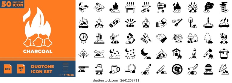 Charcoal Duotone Editable Icons set. Vector illustration in modern thin duotone style of charcoal icons: wood, firewood, rock, etc