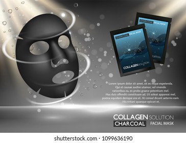 Charcoal facial mask ad. Vector realistic background with black facial sheet mask, sachet mockups, copy space. Cosmetic beauty product package design template, purifying face mask brand poster, flyer.