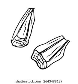 Charcoal firewood ink sketch. Wood stock for fireplace or barbecue design for logo, emblem, decoration, card, sign. Hand drawn vector illustration on isolated background. Doodle with black contour