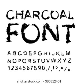 Charcoal font. Letters from char. Black tattered alphabet. Imitate shapes of symbol trace piece of coal. Manual ABC. carbon texture letter 