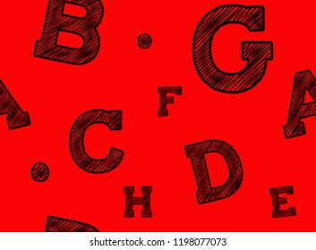 Charcoal font pattern on a red background.  Black and red abc seamless pattern. Vector sketch letters. Vector illustration.
