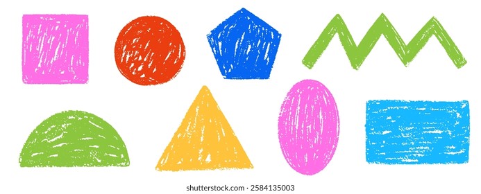 Charcoal geometric basic shapes. Set of colorful geometric figures crayon square, circle, rectangle, triangular in childish style. Pastel chalk or pencil. Grunge charcoal texture, vector elements 