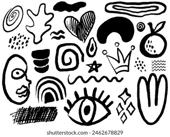 Charcoal graffiti doodle different shapes collection. Hand drawn abstract scribbles and squiggles, creative various shapes, pencil drawn icons