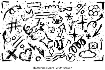 Charcoal graffiti doodle ink and shapes collection. Scribbles, scrawls, stars, crown, curly lines. Hand drawn abstract, pencil drawn icons. Scribbles, scrawls, stars, crown, curly lines.