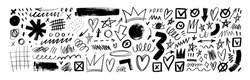 Charcoal Graffiti Doodle Punk And Girly Shapes Collection. Hand Drawn Abstract Scribbles And Squiggles, Creative Various Shapes, Pencil Drawn Icons. Scribbles, Scrawls, Stars, Crown, Curly Lines.