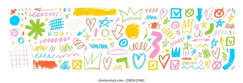 Charcoal graffiti doodle punk and girly shapes collection in childish colors. Hand drawn abstract scribbles and squiggles, various shapes, pencil drawn icons. Scrawls, star, crown, curly lines