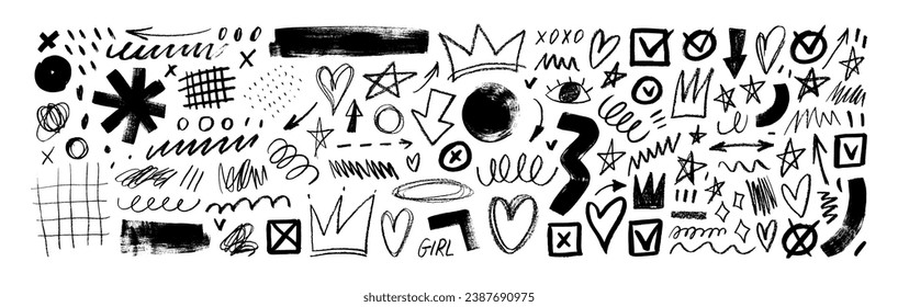 Charcoal graffiti doodle punk and girly shapes collection. Hand drawn abstract scribbles and squiggles, creative various shapes, pencil drawn icons. Scribbles, scrawls, stars, crown, curly lines.