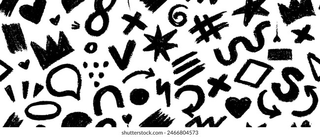 Charcoal graffiti doodle punk and girly shapes collection. Hand drawn abstract scribbles and squiggles, creative various shapes, pencil drawn icons. Scribbles, scrawls, stars, crown, curly lines.
