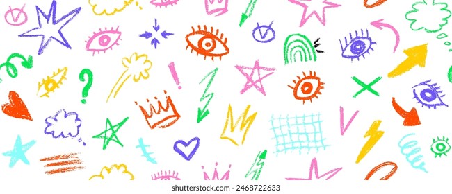 Charcoal graffiti doodle punk and girly shapes seamless pattern. Brush drawn eyes and geometric shapes, charcoal and crayon doodle illustrations. Abstract scribbles and squiggles, creative. 