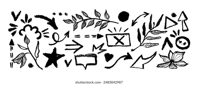 Charcoal graffiti doodle punk and girly shapes collection. Hand drawn abstract scribbles and squiggles, creative various shapes, pencil drawn icons. Scribbles, scrawls, stars, crown, arrows, branches,