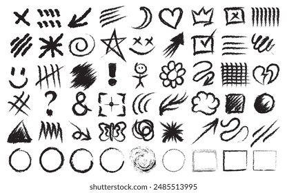 Charcoal graffiti doodle punk and girly shapes collection. Hand drawn abstract scribbles and squiggles, creative various shapes, pencil drawn