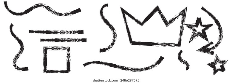 Charcoal graffiti doodle punk and girly shapes collection. Hand drawn abstract scribbles and squiggles, creative various shapes, pencil drawn icons. Scribbles, scrawls, stars, crown, curly lines.