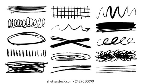 Charcoal graffiti doodle punk and grunge shapes collection. Hand drawn abstract scribbles and squiggles, creative various shapes, pencil drawn icons. Scribbles, scrawls, brush strokes, curly lines.