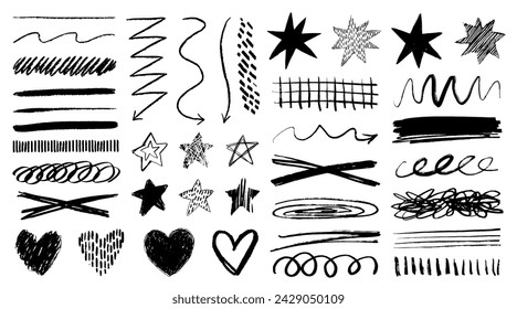 Charcoal graffiti doodle punk and grunge shapes collection. Hand drawn abstract scribbles and squiggles, creative various shapes, pencil drawn icons. Scribbles, scrawls, stars, heart, curly lines.