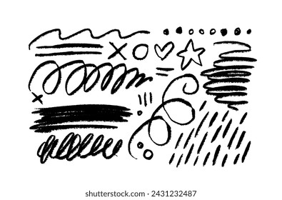 Charcoal graffiti doodle punk and grunge shapes collection. Hand drawn abstract scribbles and squiggles, creative various shapes, pencil drawn icons. Scribbles, scrawls, stars, heart, curly lines.