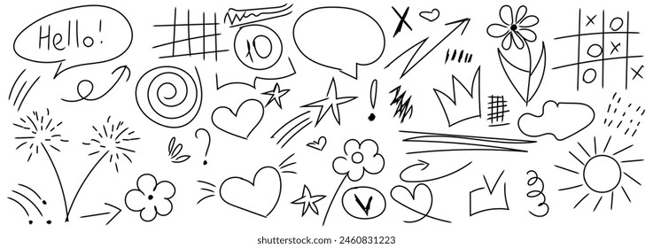 Charcoal graffiti doodle punk and grunge shapes collection.  Doodle elements, crown, emphasis arrow, speech bubble, scribble. Handdrawn cute cartoon pencil sketches of decorative icons. 