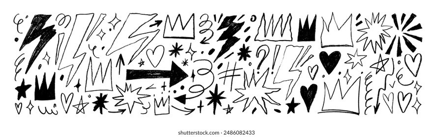 Charcoal graffiti doodle punk shapes collection. Crayon drawn lightnings, crowns, heart, star and squiggles. Hand drawn abstract vector scribbles and squiggles, punk icons and doodle grange elements.