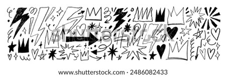 Charcoal graffiti doodle punk shapes collection. Crayon drawn lightnings, crowns, heart, star and squiggles. Hand drawn abstract vector scribbles and squiggles, punk icons and doodle grange elements.