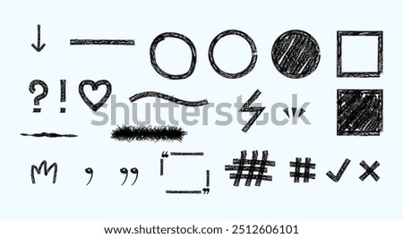 Charcoal graffiti. Drawing doodle Drawing arrow cross approved square round heart hashtag star plus minus bolt. Chalk scribble. Isolated on blue background	
