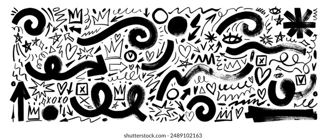 Charcoal graffiti punk and girly doodle shapes collection. Hand drawn crayon abstract scribbles and squiggles, creative various shapes, pencil drawn icons. Crown, stars, hearts arrows and squiggles.