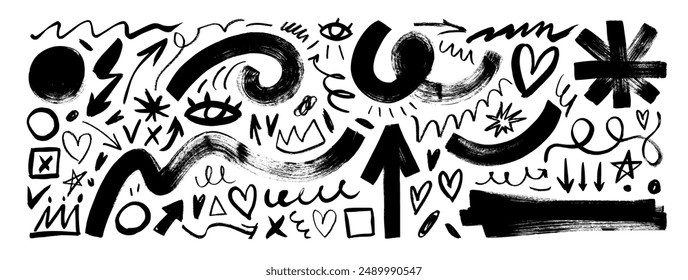 Charcoal graffiti punk and girly doodle shapes collection. Hand drawn crayon abstract scribbles and squiggles, creative various shapes, pencil drawn icons. Crown, stars, hearts arrows and squiggles.