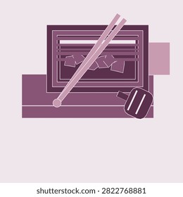 Charcoal grill from above shown as 4 overlapping pieces resting on one surface in plum colours, a flat geometric illustration for outdoor cooking and food layouts.